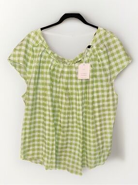 LC Lauren Conrad Green Gingham Short-Sleeve Peasant Top